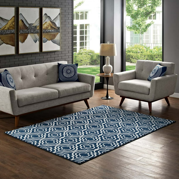 Moroccan Blue and Brown Modway Kalinda Rustic Vintage Moroccan Trellis 5x8 Area Rug in Ivory 